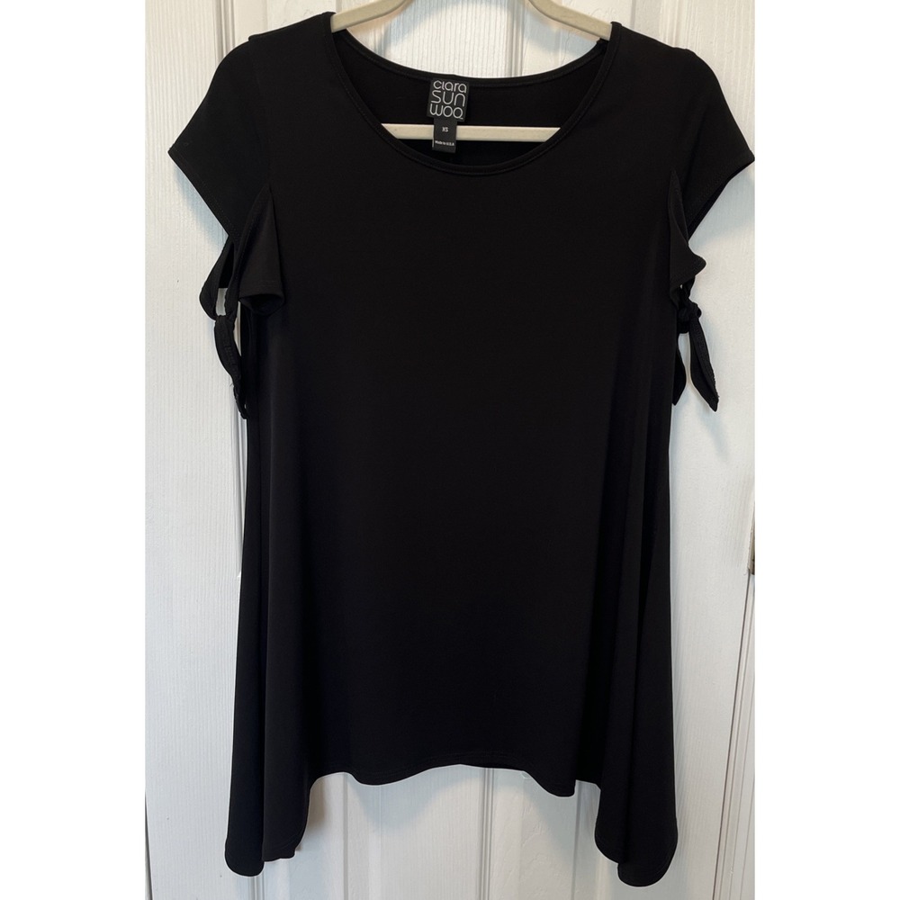 Women’s Clara Sun Woo Tunic Pullover  Black Cap Sleeve-Tie Handkerchief Hem XS